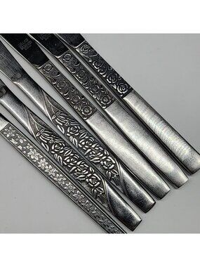 Vintage Mismatched Stainless Steel Knives Floral Patterns Tudor National
